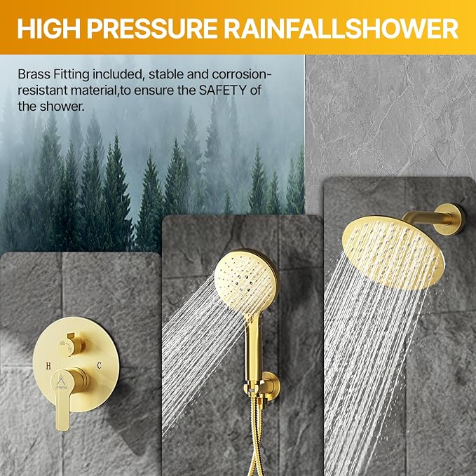 Shower Faucet Set Brass 10IN Rough-In Valve Body Trim Kit Rainfall Included Handle Accessories Complete 2 Functions with Rain Head and Handheld Bathroom Systems (10'', Brushed Gold)