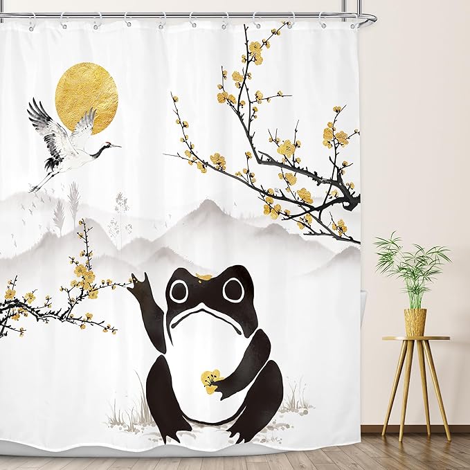 LGhtyro Funny Frog Shower Curtain Bathroom Set 71Wx71H Inches Asian Style Traditional Landscape Scenery Japanese Golden Plum Blossom Sun Bath Accessories Mountain Art Home Decor Fabric 12 Pack Hooks