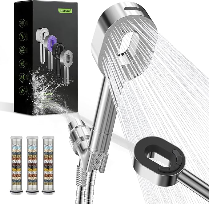 Hibbent Filtered Handheld Showerhead with 3 Filters, 5 Sprays Shower Head | Chrome High Pressure Shower Heads, Brass Holder & 71" Metal Hose, Water Soft Filter Remove Chlorine, Reduce Dry Itchy Skin