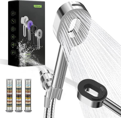 Hibbent Filtered Handheld Showerhead with 3 Filters, 5 Sprays Shower Head | Chrome High Pressure Shower Heads, Brass Holder & 71" Metal Hose, Water Soft Filter Remove Chlorine, Reduce Dry Itchy Skin