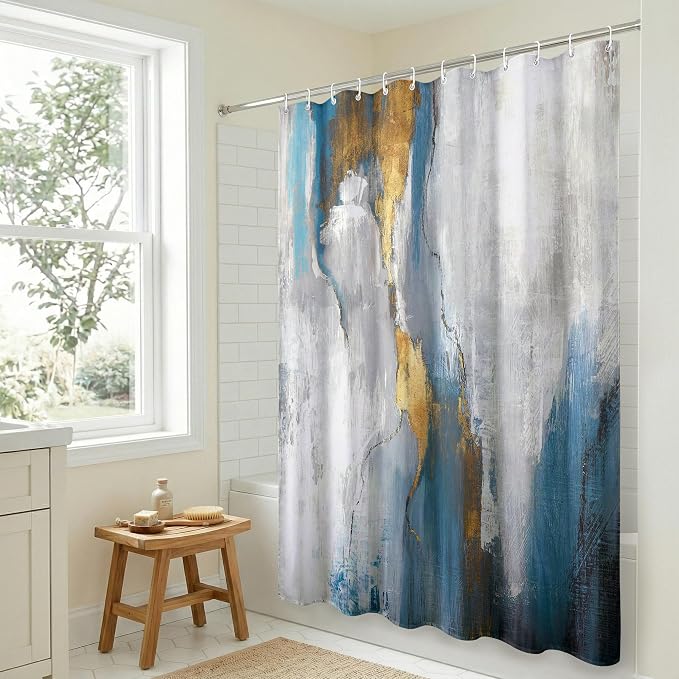 Americanflat 71x74 Marbled Texture Shower Curtain - Water-Resistant Long Shower Curtain with Durable Metal Grommets and 12 Hooks - 100% Polyester - Slate Blue, Warm Gold, Grey and White