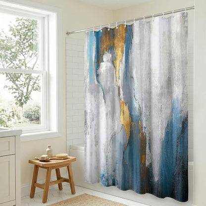 Americanflat 71x74 Marbled Texture Shower Curtain - Water-Resistant Long Shower Curtain with Durable Metal Grommets and 12 Hooks - 100% Polyester - Slate Blue, Warm Gold, Grey and White