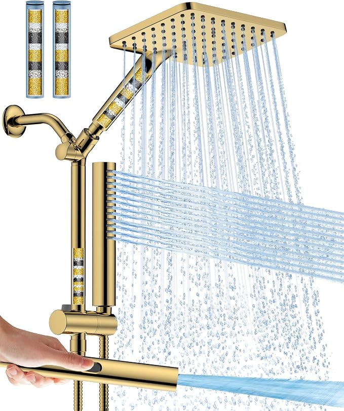 Filtered Shower Head with Handheld Spray Combo High Pressure Rain Shower Head Dual Shower Head with Filters - Removes Chlorine Height Adjustable & Built-in Power Wash (Gold)