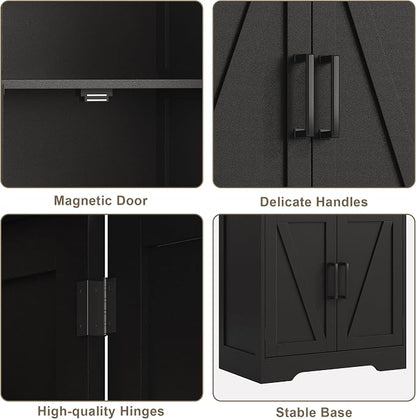 Treocho Farmhouse Bathroom Floor Cabinet with Adjustable Shelves | 13.78"D x 23.62"W x 43.46"H, Freestanding Kitchen Pantry Cabinet, Cupboard for Living Room, Dining Room, Black