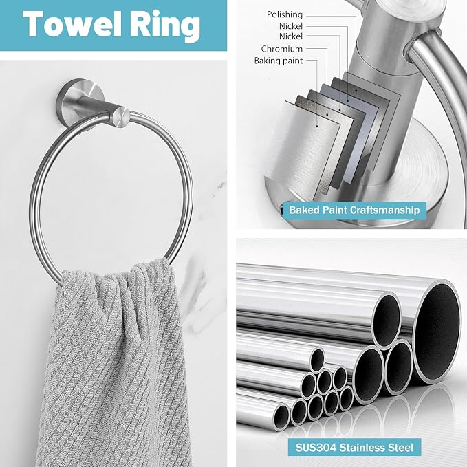 Brushed Nickel Bathroom Hardware Set, 6 Pieces Towel Bar Bathroom Accessories Set Toilet Paper Holder Towel Holder Towel Ring and Towel Hooks Wall Mounted, SUS304 Stainless Steel Towel Rack Set