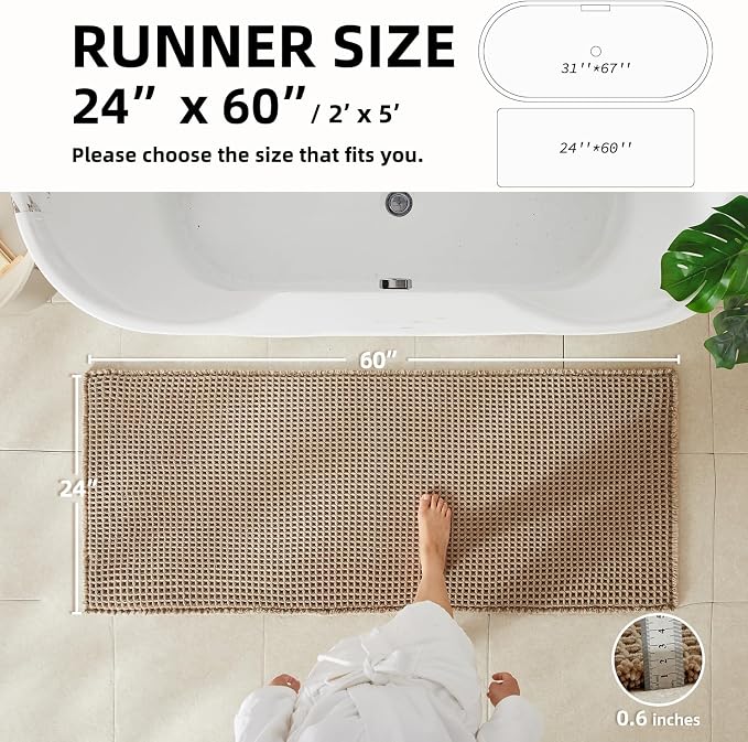 TYUU Waffle Runner Rug Bathroom, Long Boho Bath Mat, 60x24 Beige | Super Absorbent Quick Dry Bath Rug, Non-Slip Backing, Soft Waffle Washable Farmhouse Bathroom Mats, Tub, Shower & Home Decor