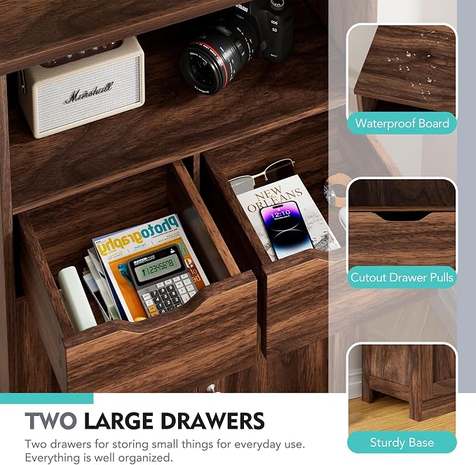 Vongrasig Bathroom Storage Cabinet, 42.5" H Freestanding Floor Cabinet | Wooden Modern Cabinet with 2 Drawers, Open Shelf and Adjustable Shelf for Bathroom, Laundry Room and Entryway, Walnut