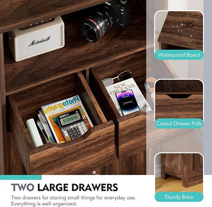 Vongrasig Bathroom Storage Cabinet, 42.5" H Freestanding Floor Cabinet | Wooden Modern Cabinet with 2 Drawers, Open Shelf and Adjustable Shelf for Bathroom, Laundry Room and Entryway, Walnut