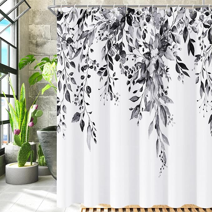Shower Curtain Black and White Shower Curtains for Bathroom,Watercolor Leaf Shower Curtain Sets Waterproof Plant Eucalyptus Shower Curtain Leaves Bathroom Curtains 72x72 in with Hooks