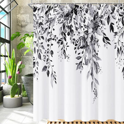 Shower Curtain Black and White Shower Curtains for Bathroom,Watercolor Leaf Shower Curtain Sets Waterproof Plant Eucalyptus Shower Curtain Leaves Bathroom Curtains 72x72 in with Hooks
