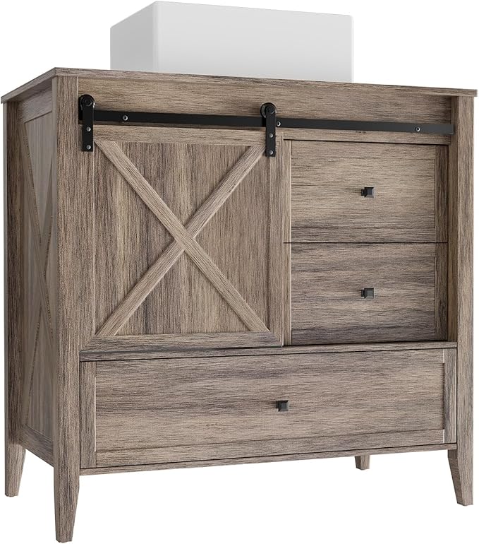 VNN Bathroom Vanity with Sink - 36 Inch Bathroom Vanity with Sink Ceramic, Freestanding Cabinet with Farmhouse Sliding Barn Door and 3 Drawers, Space-Saving Storage Cabinet, Wood Grain Texture, Grey