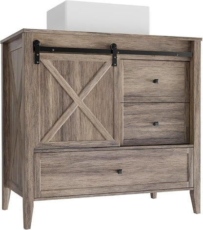 VNN Bathroom Vanity with Sink - 36 Inch Bathroom Vanity with Sink Ceramic, Freestanding Cabinet with Farmhouse Sliding Barn Door and 3 Drawers, Space-Saving Storage Cabinet, Wood Grain Texture, Grey
