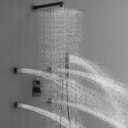 RUMOSE Rainfall Shower System with 4 Body Jets Wall Mounted 4 Mode Shower Faucet Set with 12 Inch Rain Shower Head and 2 in 1 Handheld Spray, Oil Rubbed Bronze Brass Shower Fixtures, Rough-in Valve