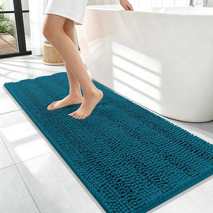 OLANLY Thick Bathroom Runner Rugs 47x17, Chenille Bath Rugs, Peacock Blue | Absorbent Striped, Rubber Backing, Machine Wash, Long Bath Mats for Bathroom Floor, Tub and Shower, Home Decor Accessories