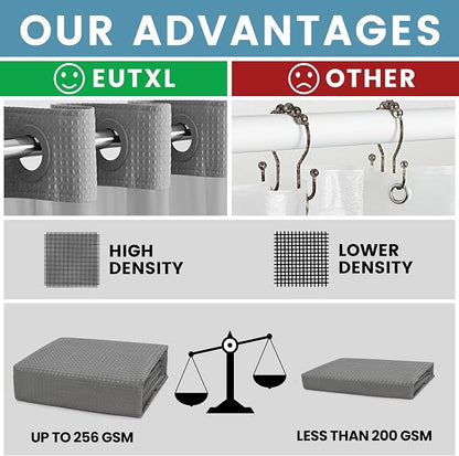 EUTXL Heavyweight No Hook Shower Curtain with Liner, Grey, 48x74 | Snap in Liner, Thick Waffle Fabric, Hotel Quality, Corner Magnets, Waterproof & Washable