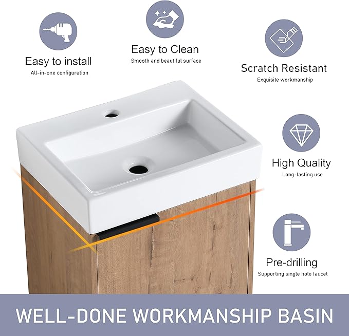 18" Bathroom Vanity with Sink, 18 Inch Floating Bathroom Vanity for Small Space, Modern Bathroom Vanity, Brown Wall Mounted Cabinet Set（015）