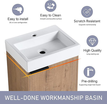 18" Bathroom Vanity with Sink, 18 Inch Floating Bathroom Vanity for Small Space, Modern Bathroom Vanity, Brown Wall Mounted Cabinet Set（015）