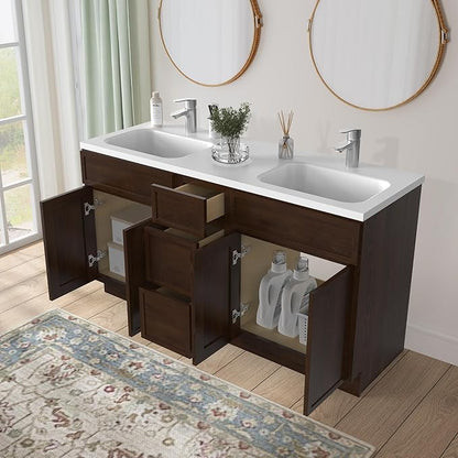 HomeBeyond 60 Inches Bathroom Vanity Base Cabinet Without Sink, Double Sink Top Sturdy Floor Mounted Cabinet with Door & Soft Closing Drawers,Brown, VA4124-2+VA4112-3