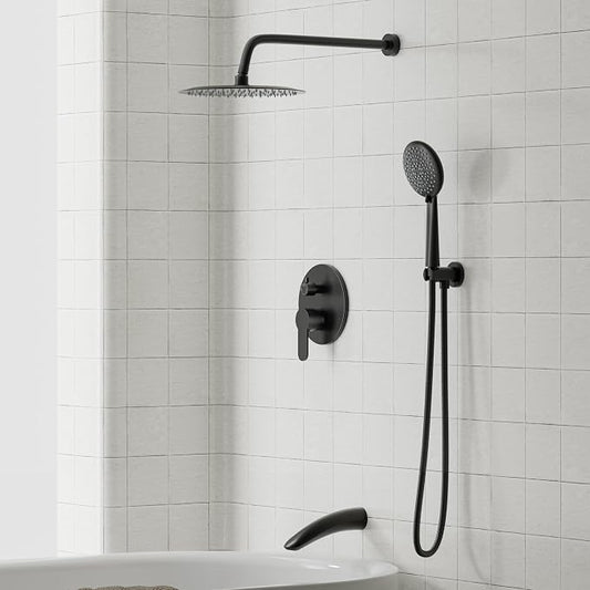 Gabrylly Black Bathtub Shower Faucet Set - 12" Rain Showerhead & Handheld Spray, High Pressure Shower Head with Pressure Balance Valve, Matte Black