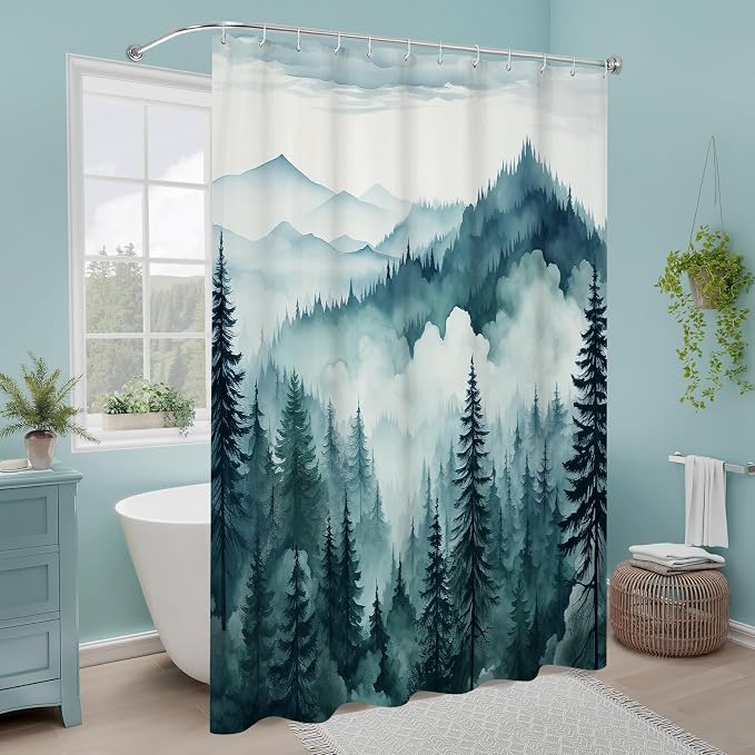 Litabel Peacock Blue Misty Pine Forest Shower Curtain, Mountain Foggy Woodland Scenery Tree Shower Curtains for Chic Rustic Bathroom, Abstract Modern Waterproof Nature-Themed Decor, 72x72 Inches