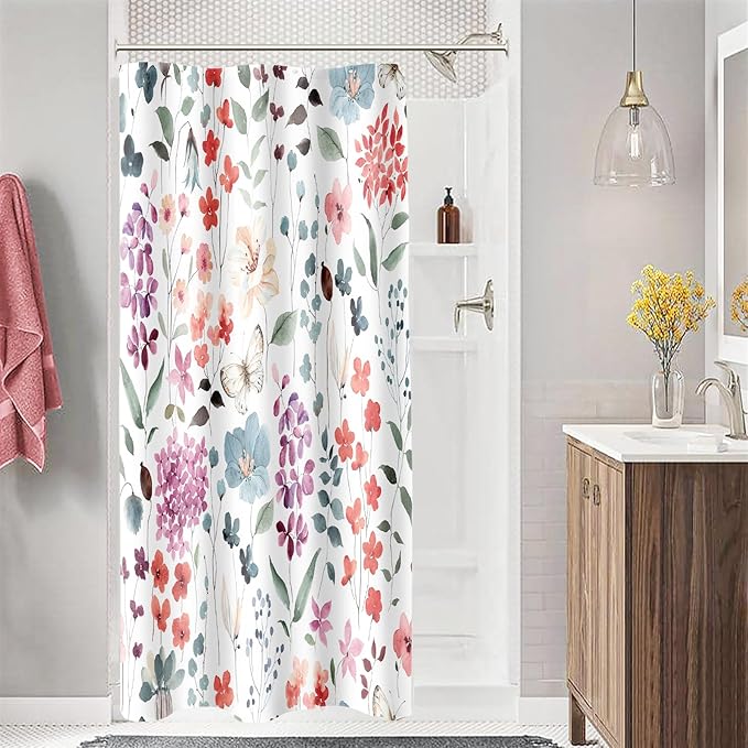 Small Stall Shower Curtain 36 x 72 Inch, Half Narrow Colorful Floral Shower Curtain for Bathroom, Watercolor Flower Butterfly Fabric Shower Curtain Set with Hooks