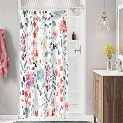 Small Stall Shower Curtain 36 x 72 Inch, Half Narrow Colorful Floral Shower Curtain for Bathroom, Watercolor Flower Butterfly Fabric Shower Curtain Set with Hooks