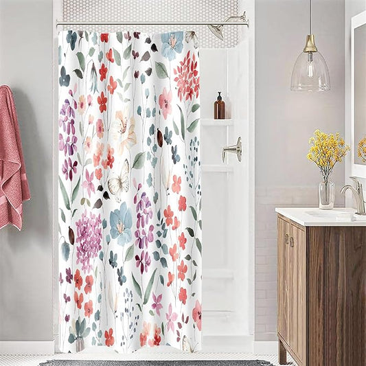 Small Stall Shower Curtain 36 x 72 Inch, Half Narrow Colorful Floral Shower Curtain for Bathroom, Watercolor Flower Butterfly Fabric Shower Curtain Set with Hooks