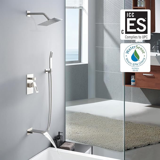 SUMERAIN Brushed Nickel Shower System with Waterfall Tub Spout | Anti-scalding Pressure Balanced Cartridge, Tub Shower Faucet, 8" Rain Shower Head, Brass Hand Shower, Rough-In Valve Included