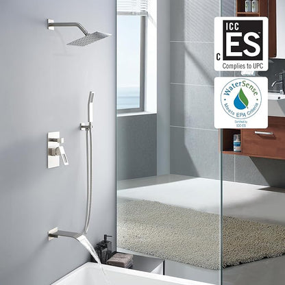 SUMERAIN Brushed Nickel Shower System with Waterfall Tub Spout | Anti-scalding Pressure Balanced Cartridge, Tub Shower Faucet, 8" Rain Shower Head, Brass Hand Shower, Rough-In Valve Included
