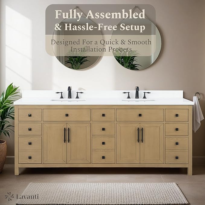 Lavanti Oakford 84 Inch Bathroom Vanity with Sink – Stylish Firwood Oak Vanity Bathroom with Storage Cabinet – Modern Bathroom Vanities with Double Vanity Sink & Quartz Countertop