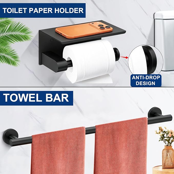 5 Pieces Bathroom Hardware Accessories Set Matte Black, 24Inch Round Towel Racks Set for Bathroom, SUS304 Stainless Steel Towel Bar Set, Toilet Paper Holder with Shelf Wall Mounted