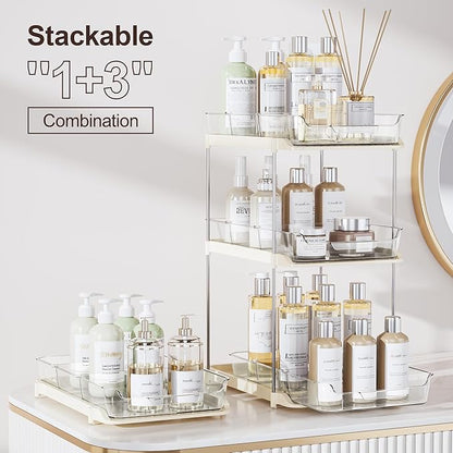 Delamu 2-Tier Multi-Purpose Bathroom Under Sink Organizers and Storage, Stackable Kitchen Pantry Organization, Pull Out Medicine Cabinet Organizer with Movable Dividers, Beige, 2 Pack