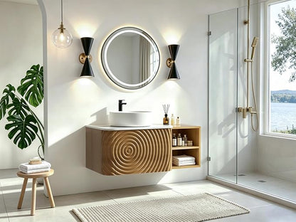 36" Floating Bathroom Vanity with Sink, Mid-Century Wall Mounted Bathroom Vanity Cabinet with Wood Waved Decor,Ceramic Vessel Basin and Sintered Stone Top, Soft Close Drawer, Side Open Cube