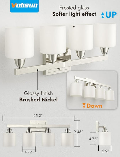 VOLISUN Brushed Nickel Bathroom Light Fixtures, 4-Light Bathroom Vanity Lights Over Mirror, Modern Vanity Light for Bathrooms, Bathrooms Lights Fixtures Over Mirror with Milky White Glass Shades