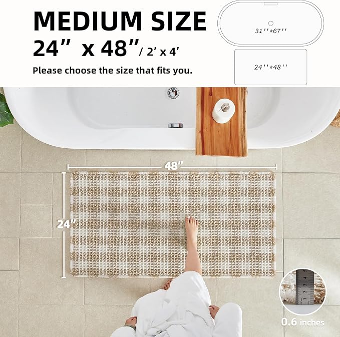 TYUU Waffle Bath Mat, Boho Bathroom Rugs Non Slip, 48x24 Khaki & White | Super Absorbent Quick Dry Bath Rug, Non-Slip Backing, Soft Waffle Washable Farmhouse Bathroom Mats, Tub, Shower & Home Decor