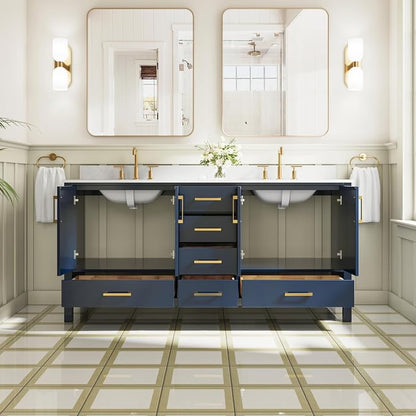72-Inch Bathroom Vanity with Sink, 4 Soft-Close Doors and 6 Soft-Close Drawers, Bathroom Freestanding Vanity with Cultured Marble Countertop, Navy Blue Vanity W/Gold Handles