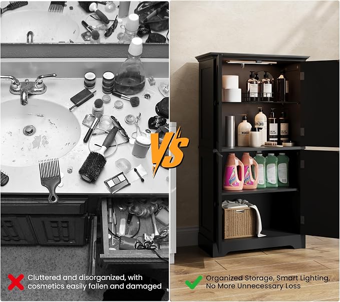 HAIOOU Bathroom Floor Cabinet with Motion Sensor Light, Classic Bathroom Storage Cabinet with Adjustable Glass Shelf, 4 Doors, Ample Storage for Hallway, Laundry Room, Living Room - Black