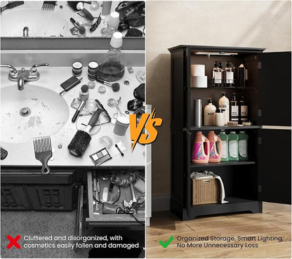 HAIOOU Bathroom Floor Cabinet with Motion Sensor Light, Classic Bathroom Storage Cabinet with Adjustable Glass Shelf, 4 Doors, Ample Storage for Hallway, Laundry Room, Living Room - Black