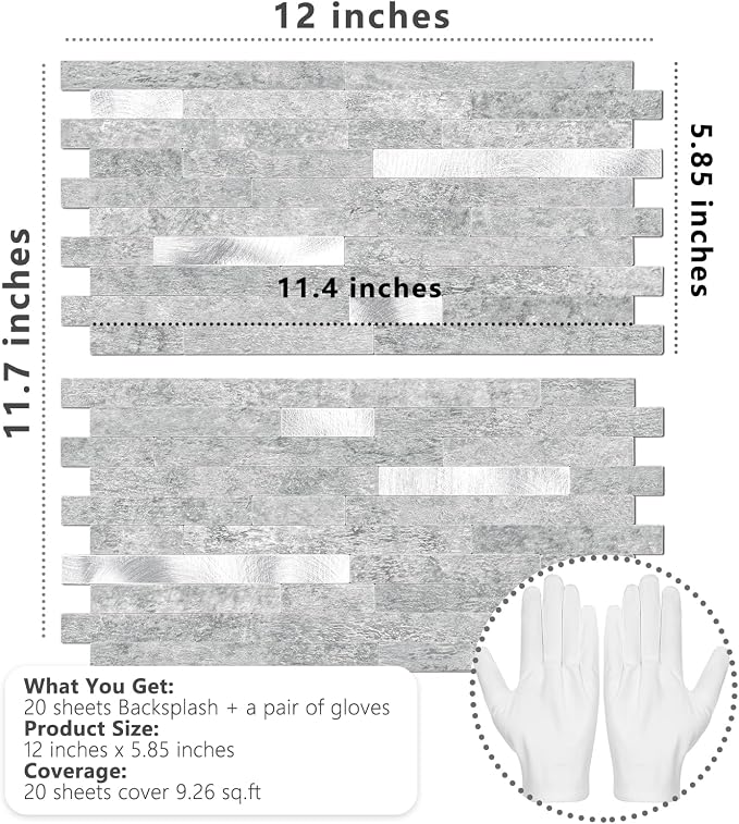 STICKGOO 20 Sheets Peel and Stick Backsplash Tile, Stick on Backsplash for Kitchen and Bathroom, Grey Marble Look PVC Mixed Metal Silver Self Adhesive Wall Tiles