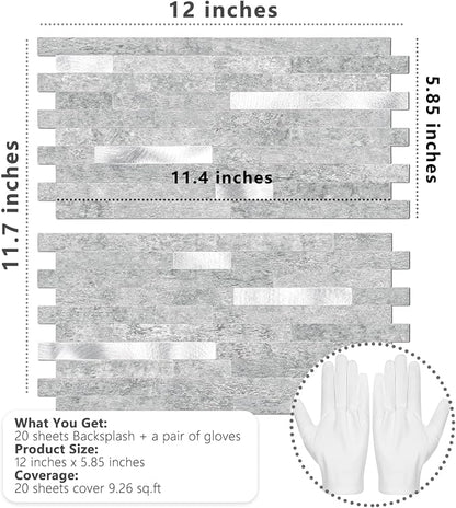 STICKGOO 20 Sheets Peel and Stick Backsplash Tile, Stick on Backsplash for Kitchen and Bathroom, Grey Marble Look PVC Mixed Metal Silver Self Adhesive Wall Tiles
