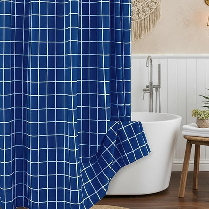 Fabric Farmhouse Shower Curtain-Extra Long Shower Curtains Bathroom Navy | 72"Wx84"L Faux Linen Grid Minimalist Simple Rustic Neutral Shower Curtain Decor-Cloth Geometric Plaid Washable Hotel Quality