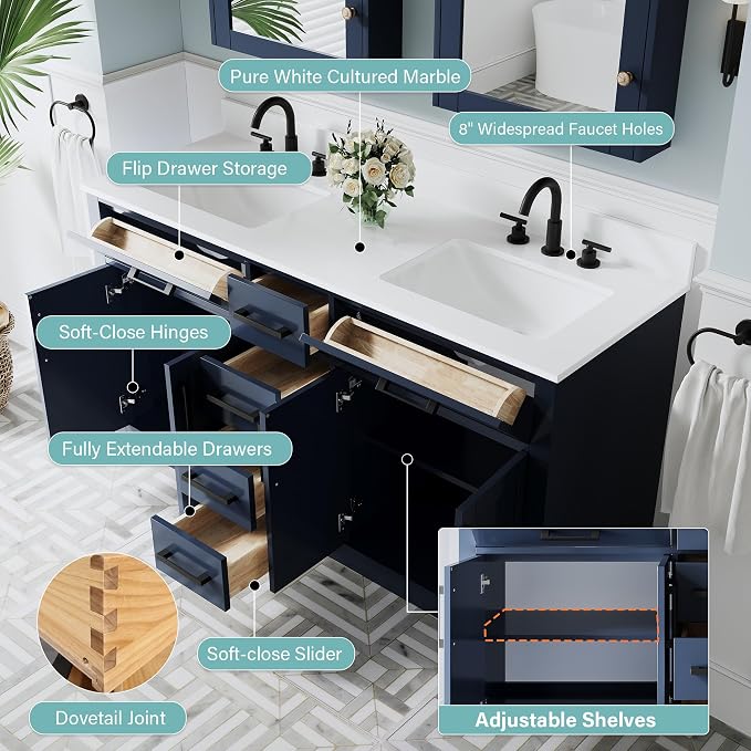 60-Inch Bathroom Vanity with Double Sinks W/ 4 Doors & 4 Drawers & 2 Flip Drawers, Navy Blue Vanity W/Matte Black Handles