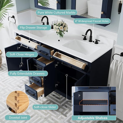 60-Inch Bathroom Vanity with Double Sinks W/ 4 Doors & 4 Drawers & 2 Flip Drawers, Navy Blue Vanity W/Matte Black Handles