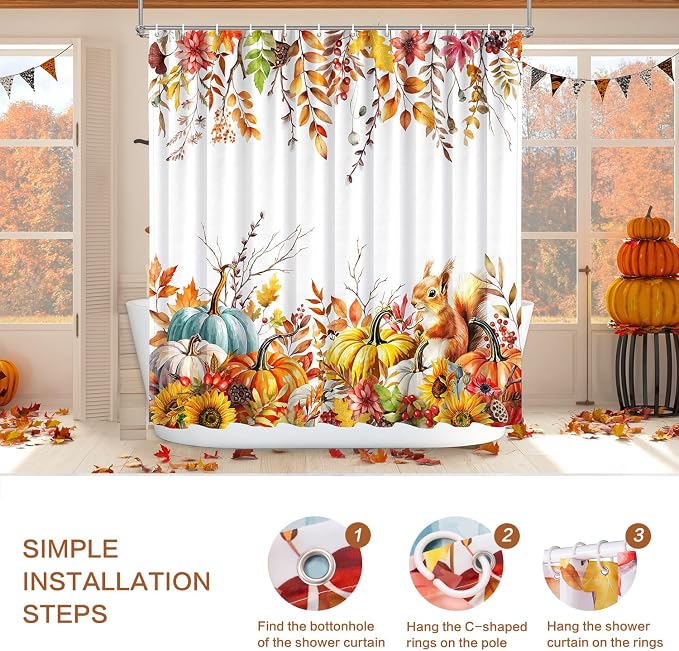 Fall Shower Curtain Harvest Pumpkin Squirrel Thanksgiving Shower Curtain Autumn Maple Leaves Sunflowers shower curtains for Bathroom Waterproof Machine Washable Home Farmhouse Decor Bath Curtains