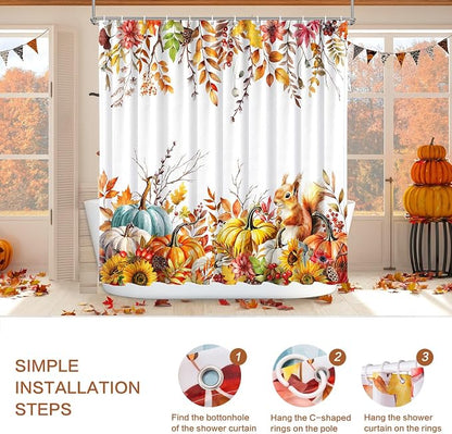 Fall Shower Curtain Harvest Pumpkin Squirrel Thanksgiving Shower Curtain Autumn Maple Leaves Sunflowers shower curtains for Bathroom Waterproof Machine Washable Home Farmhouse Decor Bath Curtains