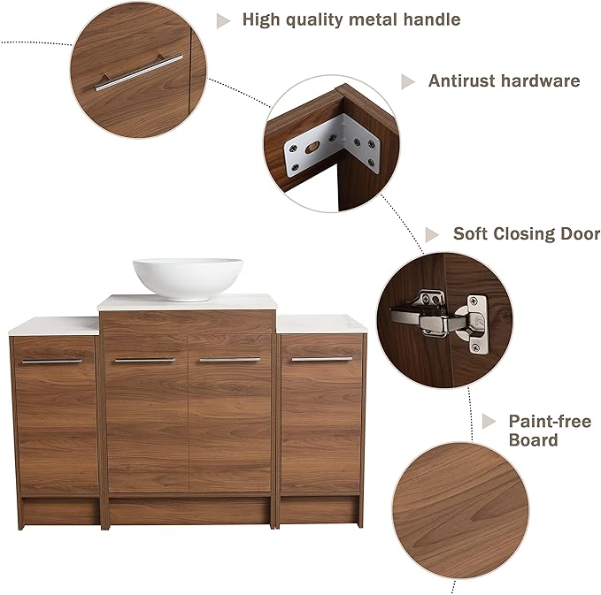 48" Bathroom Vanity, 48 Inch Freestanding Vanity with Ceramic Vessel Sink, Modern Single Sink Bathroom Vanity Combo, Brown Floor Stand Large Storage Cabinet Set (BRE321, 48 * 18)