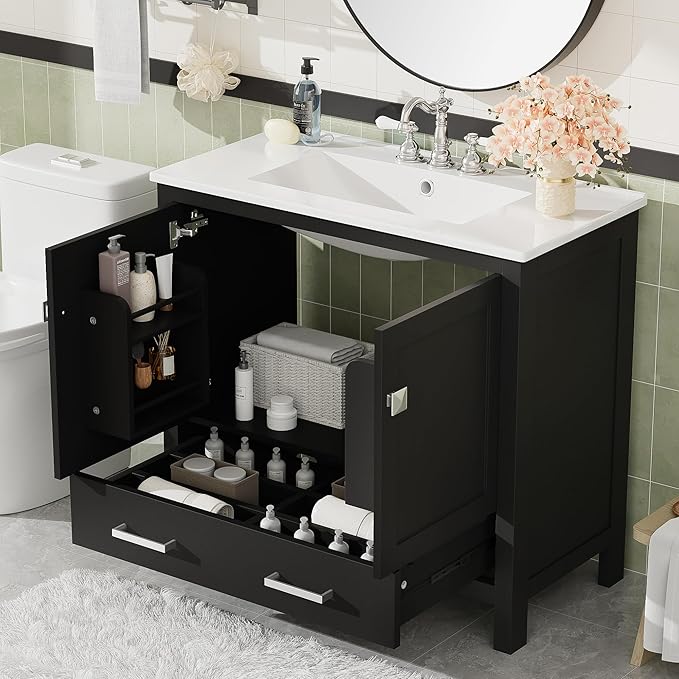 Favfurish 36" Black Bathroom Vanity with Ceramic Sink,Modern Bathroom Vanity Cabinet w/Soft Close Doors and Deep Drawer,Stylish Bath Storage Solution w/Divided Drawer,Easy Assembly,Black