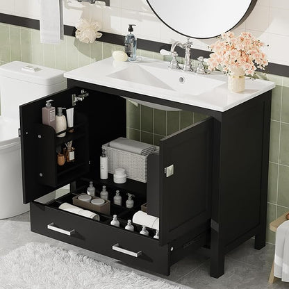 Favfurish 36" Black Bathroom Vanity with Ceramic Sink,Modern Bathroom Vanity Cabinet w/Soft Close Doors and Deep Drawer,Stylish Bath Storage Solution w/Divided Drawer,Easy Assembly,Black