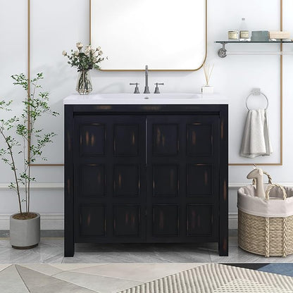 Favfurish 36" Bathroom Vanity w/Sinks,Free Standing Singe Basin Vanity Set w/Adjustable Shelf & Soft Close Doors,Solid Wood Frame Storage Cabinet for Bathroom,Retro Espresso