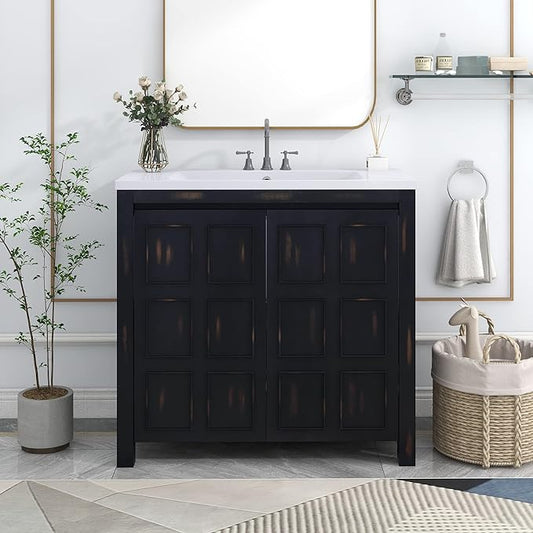 Favfurish 36" Bathroom Vanity w/Sinks,Free Standing Singe Basin Vanity Set w/Adjustable Shelf & Soft Close Doors,Solid Wood Frame Storage Cabinet for Bathroom,Retro Espresso